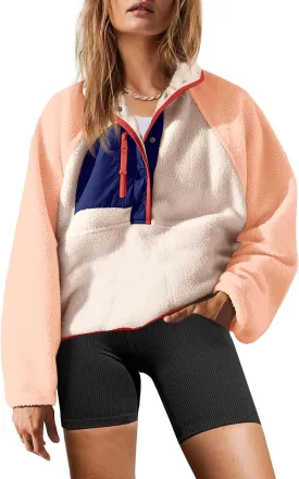Yanekop Womens Fuzzy Fleece Pullover Sherpa Sweatshirt Long Sleeve Button Down Sweater Jacket with Pockets