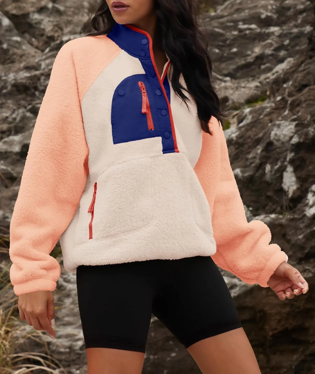 Yanekop Womens Fuzzy Fleece Pullover Sherpa Sweatshirt Long Sleeve Button Down Sweater Jacket with Pockets