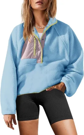 Yanekop Womens Fuzzy Fleece Pullover Sherpa Sweatshirt Long Sleeve Button Down Sweater Jacket with Pockets