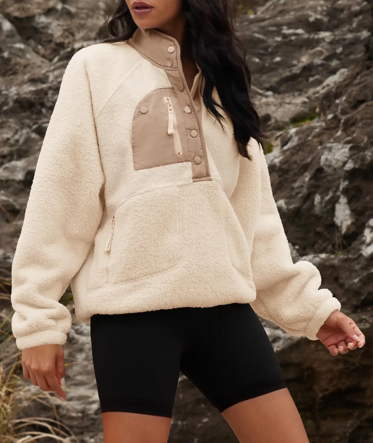 Yanekop Womens Fuzzy Fleece Pullover Sherpa Sweatshirt Long Sleeve Button Down Sweater Jacket with Pockets