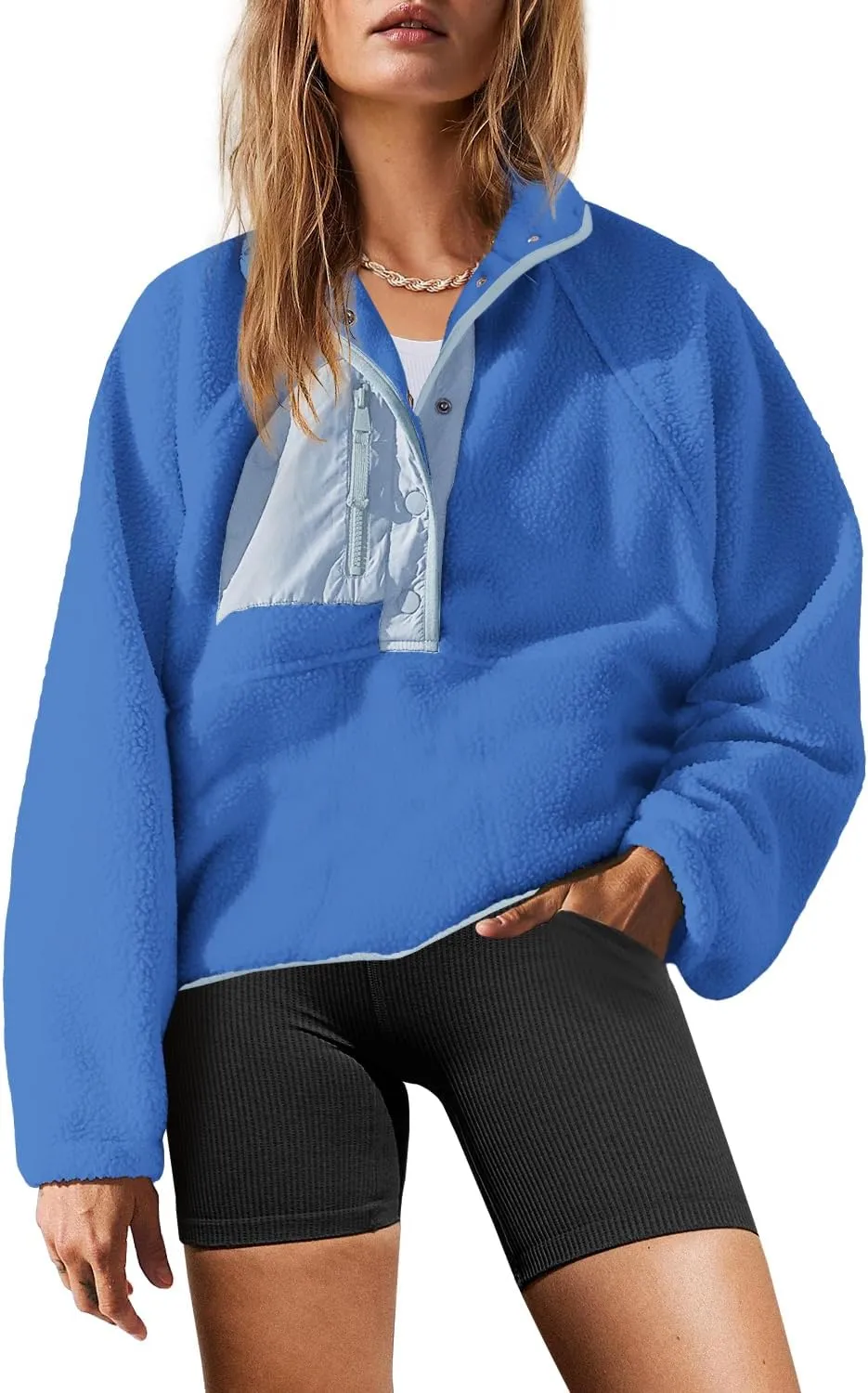 Yanekop Womens Fuzzy Fleece Pullover Sherpa Sweatshirt Long Sleeve Button Down Sweater Jacket with Pockets