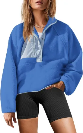 Yanekop Womens Fuzzy Fleece Pullover Sherpa Sweatshirt Long Sleeve Button Down Sweater Jacket with Pockets