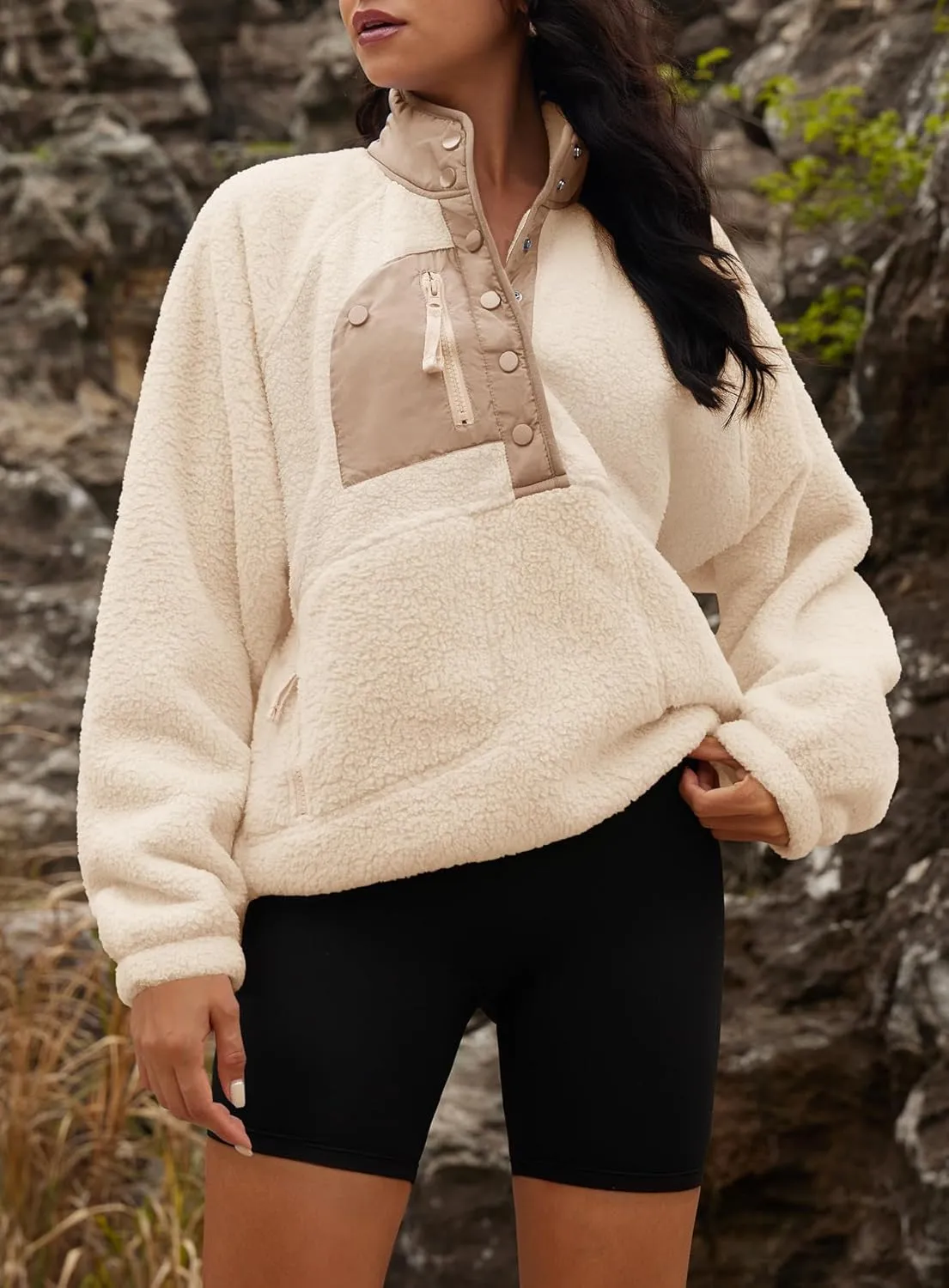 Yanekop Womens Fuzzy Fleece Pullover Sherpa Sweatshirt Long Sleeve Button Down Sweater Jacket with Pockets