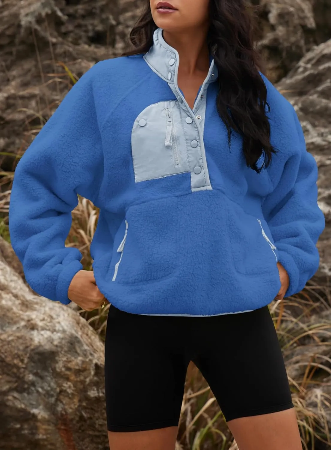 Yanekop Womens Fuzzy Fleece Pullover Sherpa Sweatshirt Long Sleeve Button Down Sweater Jacket with Pockets