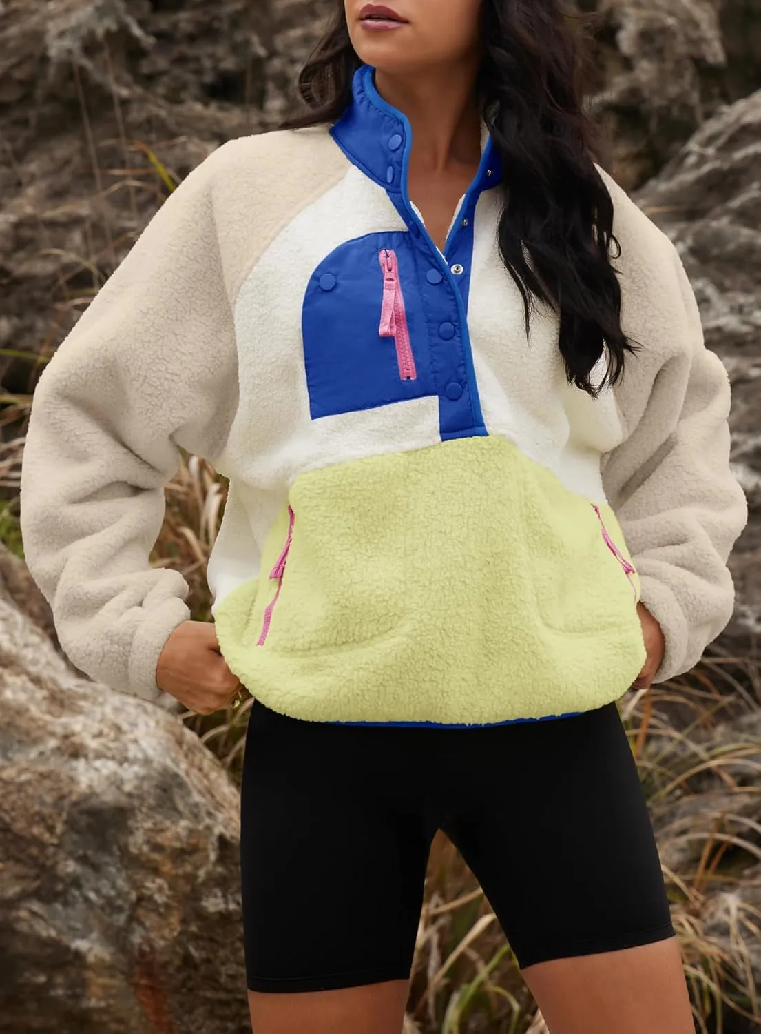 Yanekop Womens Fuzzy Fleece Pullover Sherpa Sweatshirt Long Sleeve Button Down Sweater Jacket with Pockets