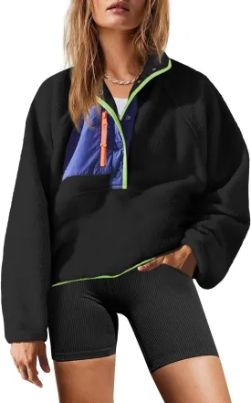 Yanekop Womens Fuzzy Fleece Pullover Sherpa Sweatshirt Long Sleeve Button Down Sweater Jacket with Pockets