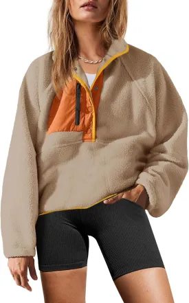 Yanekop Womens Fuzzy Fleece Pullover Sherpa Sweatshirt Long Sleeve Button Down Sweater Jacket with Pockets